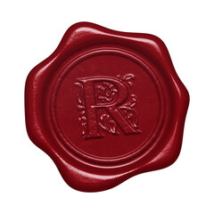 Red wax seal with embossed letter R monogram initial isolated on transparent background