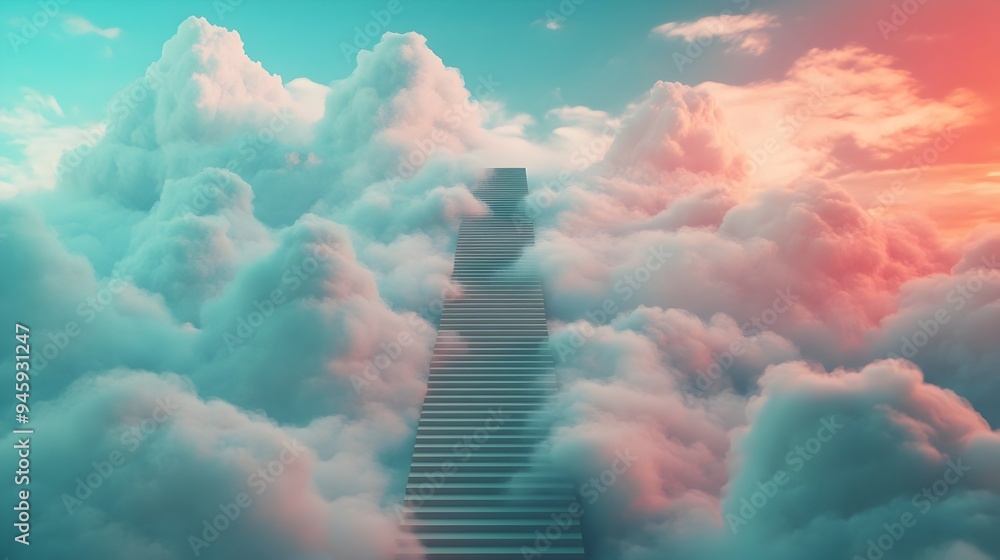 Poster a conceptual image of a staircase rising up into the clouds providing copy space for or messaging th