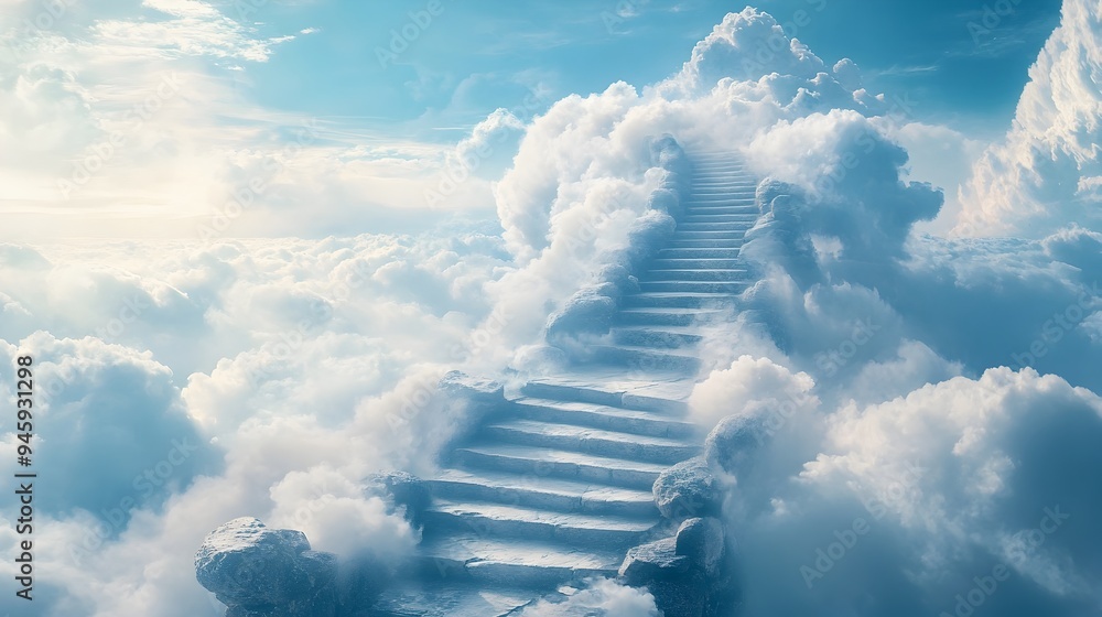 Poster conceptual surreal image of a minimalist staircase leading up into the clouds creating a dreamlike e