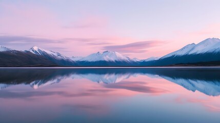 Obraz premium Serene Lake Reflects Snow-Capped Mountains and Pastel Sky Creating Breathtaking Mirrored Effect