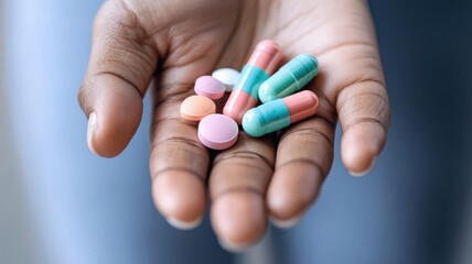 A hand holding various colorful pills and capsules, symbolizing health, medication, and pharmaceutical care.