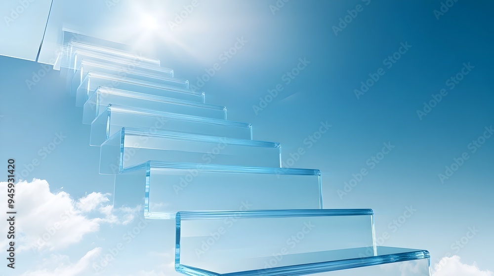 Poster conceptual image of a glass staircase suspended in mid air defying gravity and creating a sense of w