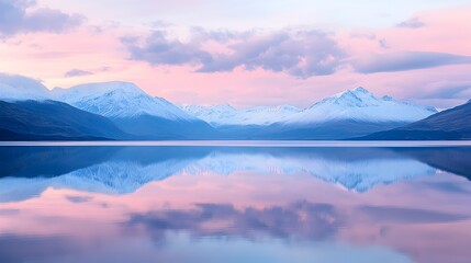 Serene Mountain Lake Reflecting Pastel Sky in Mirror-Like Effect