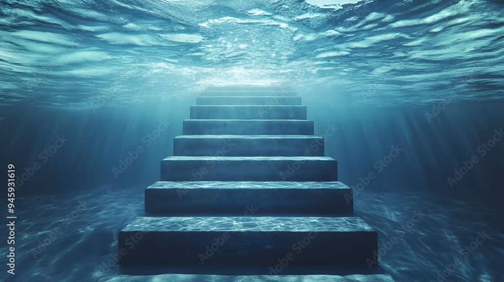 Poster a conceptual image depicting a minimalist staircase descending into a calm reflective body of water 