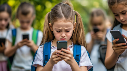 Cyberbullying, abuse concept. Pre-Teenage caucasian Girl Being Bullied By Text Message. Stressed, frustrated, overwhelmed with online bullying. schoolkids bullying schoolgirl online in classroom