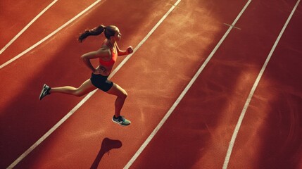Fototapeta premium Young woman running during sunny morning on stadium track