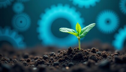 Growth amidst complexity  A seedling sprouts amidst mechanical gears