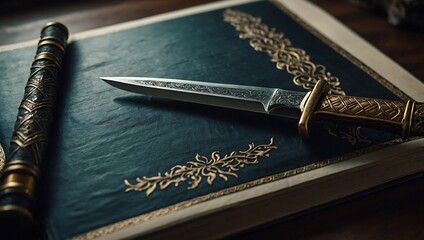 Fantasy book open with an imaginative sword and dagger