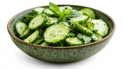 Fresh Cucumber Salad in White Bowl Isolated on White Background