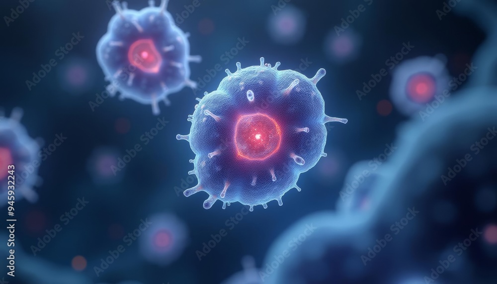 Poster viral particles in a microscopic view illuminated by red light