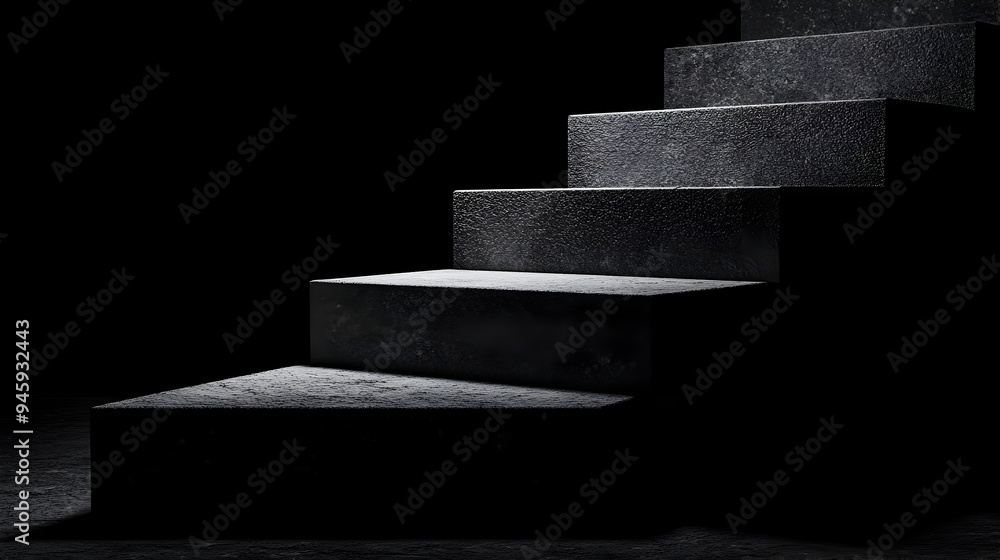 Poster conceptual image of a minimalist staircase with steps that seem to disappear into a dark mysterious 