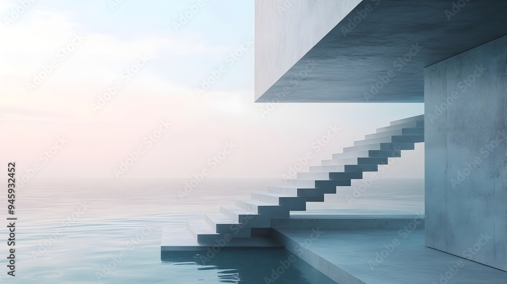 Poster a conceptual image of a floating staircase leading to nowhere inviting the viewer to imagine the end