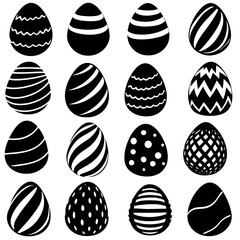 Black and white Easter eggs with various designs on white