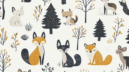 Obraz premium Cute forest animals including foxes, deer, and rabbits among trees and plants in a whimsical illustrated pattern