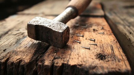 Hammer and Nails on Rustic Wood