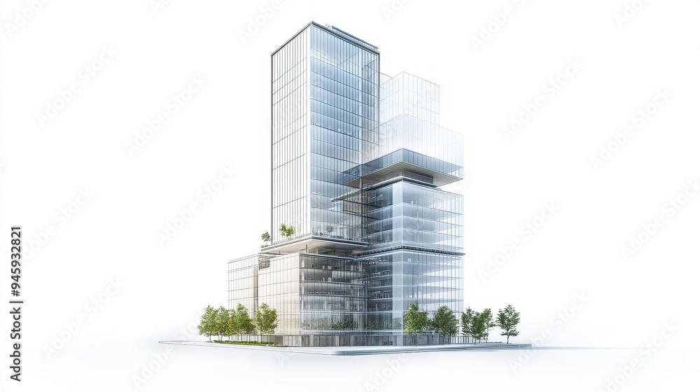 Poster a modern architectural design featuring a glass skyscraper with multiple levels and greenery.