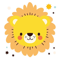 A cute cartoon lion head with simple flat illustration style for vector graphic logo design isolated on a white background