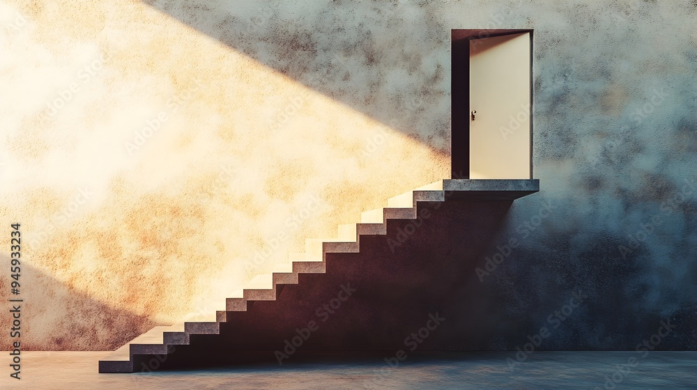 Poster a conceptual image depicting a staircase leading to a door suspended in mid air with ample copy spac