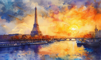 Watercolor The main attraction of Paris and all of Europe is the Eiffel tower in the rays of the setting sun on the bank of Seine river