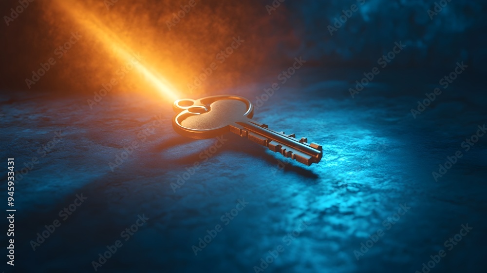 Poster conceptual image of a single key floating in a beam of light symbolizing opportunity innovation and 