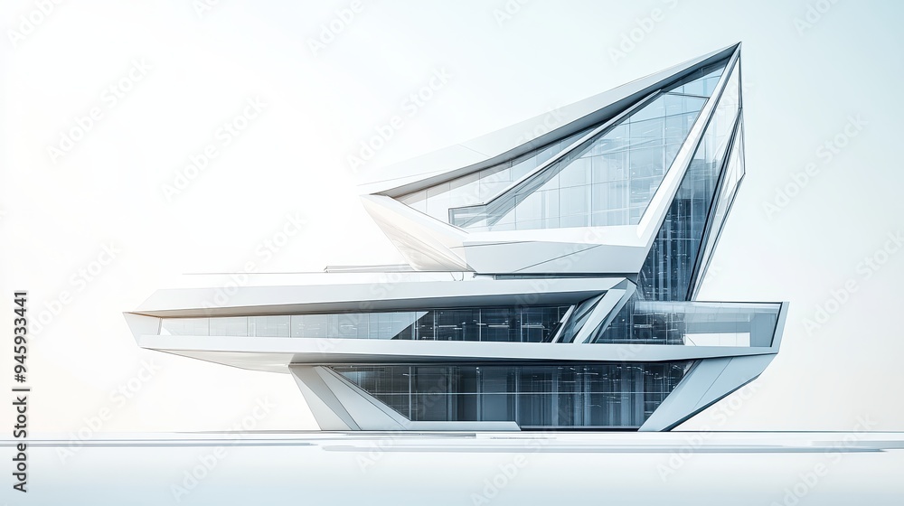 Poster a modern architectural design featuring angular glass and structural elements.