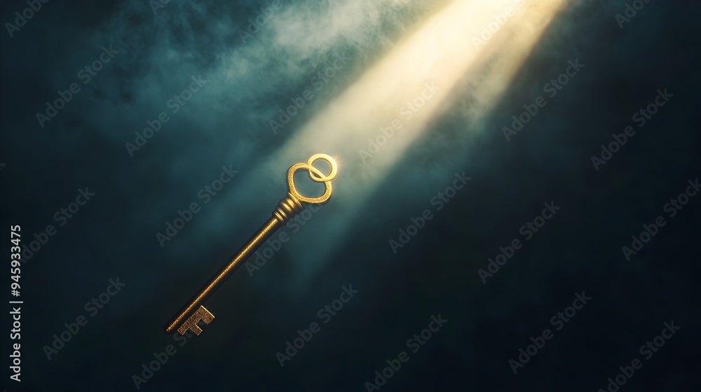 Poster Conceptual 3D render of a key floating in a beam of light representing innovation technology and creative problem solving  Minimalist modern and symbolic design