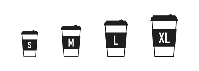 Different sizes of paper cups: S, M, L, XL, black silhouettes with white letters on a white background.