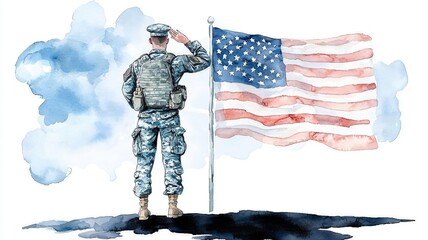 An American flag with a shadowed silhouette of a soldier saluting in the foreground