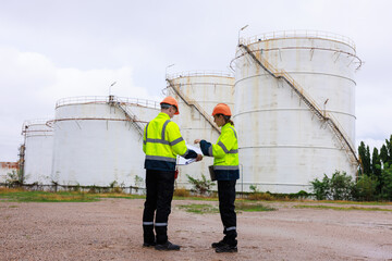 Engineer wearing green uniform and helmet stand workplace hand holding digital tablet and blueprint, survey inspection team work plant site to work oil refinery background..