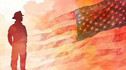 Silhouette of a firefighter against an American flag