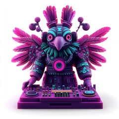 Fototapeta premium A vibrant, stylized bird character DJing at a turntable with colorful feathers and headphones.