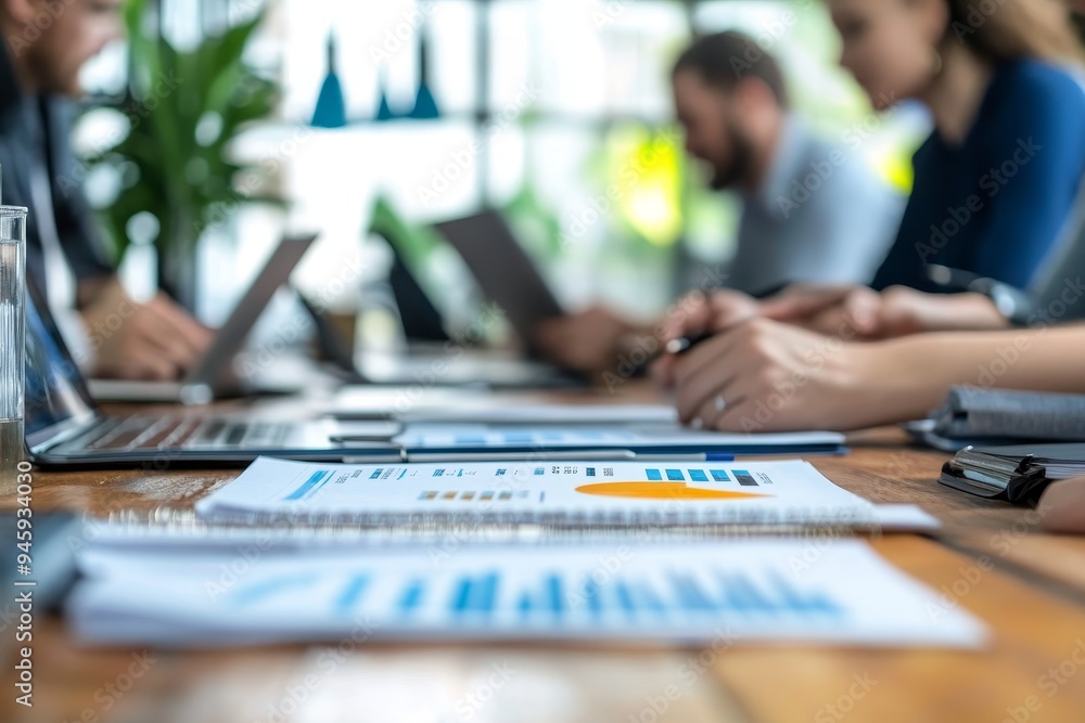 Poster close-up of a conference table with open laptops and financial reports. a group of business professi