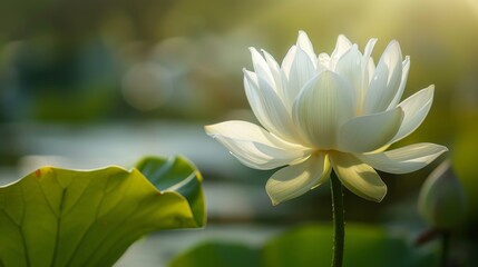 Tranquil Beauty of Blooming Lotus Flower in Soft Sunlight Close-Up