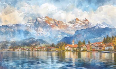 Watercolor village Weggis, lake Lucerne , Pilatus mountain and Swiss Alps in the background near famous Lucerne city, Switzerland
