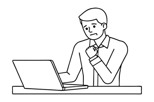 recommend clip art: Man works in the office, sits at a desk with a laptop and holds his elbow with his hand, feels severe pain, grimaced from a seizure line art flat vector illustration.