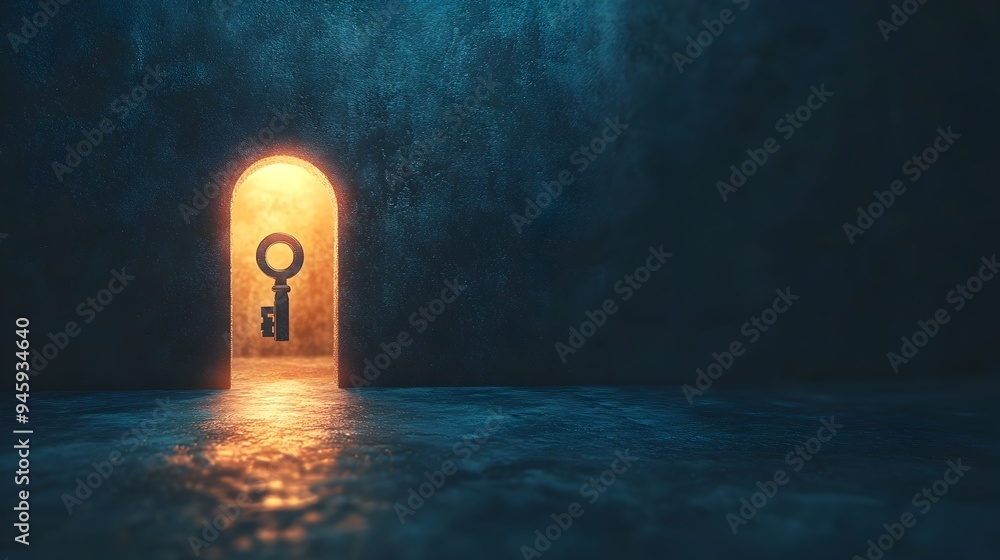 Poster conceptual image of a keyhole with a faint glowing light coming through providing copy space for cre