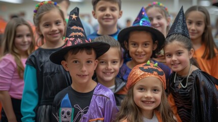 Portraits of cute smiling children dressed in Halloween costumes