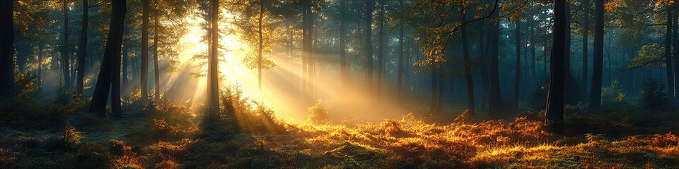 Sunlight Penetrating Through Dense Forest with Greenery, Warm Orange Colors, Misty Background, Serene and Peaceful Mood