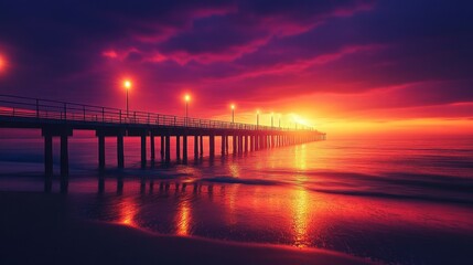 Wooden boardwalk extending from the beach to the sea at sunset