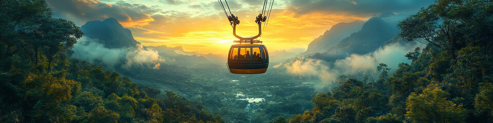 Golden Evening Cable Car Ride over Lush Valley with Enchanting Mountains and Greenery Enveloped in Warm Sunset