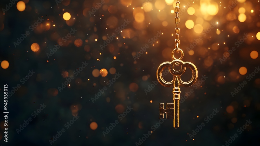 Poster conceptual image of a golden key suspended in midair representing an innovative idea opportunity or 