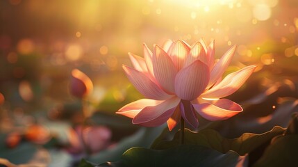 Serene Close-up of Delicate Lotus Flower Unfolding Petals Under Sunlight