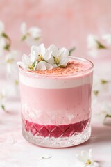 layered pink breakfast yogurt topped with white flowers