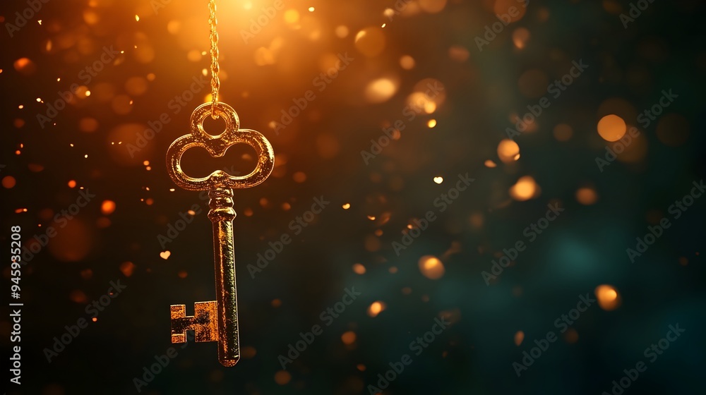 Poster a conceptual image of a golden key suspended in mid air with open copy space for design or text over