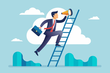 Looking for new job, employment, career or job search, find opportunity, seek for vacancy or work position concept, businessman climb up ladder of job search bar with binoculars to see opportunity.
