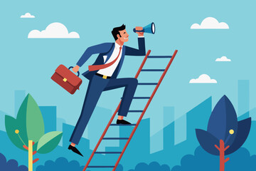 Looking for new job, employment, career or job search, find opportunity, seek for vacancy or work position concept, businessman climb up ladder of job search bar with binoculars to see opportunity.
