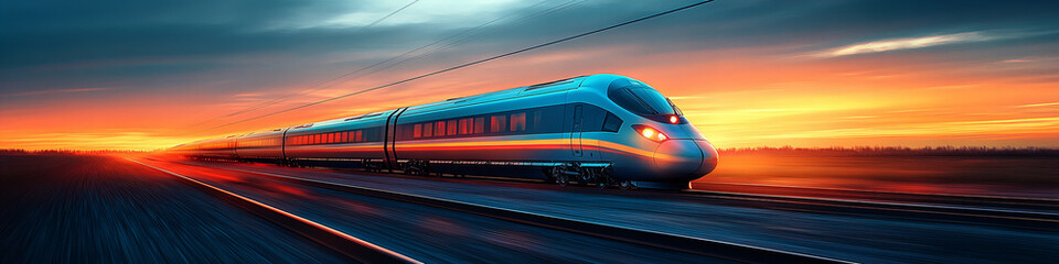 High-Speed Train Racing Through Open Countryside at Vibrant Sunset Combining Speed, Technology, and Scenic Beauty in a Modern Journey