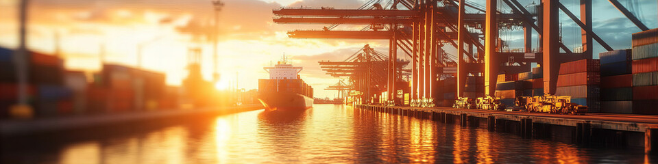 Cargo Ship Docked at Bustling Harbor with Vibrant Sunset Sky, Showcasing Industrial Strength and Commerce