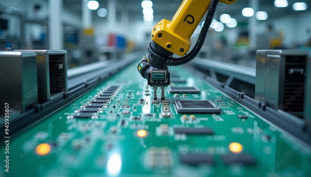 Poster hightech assembly line with robotic arm in motion