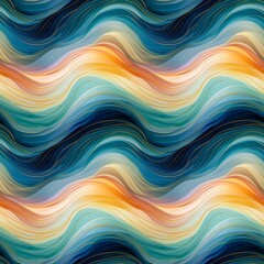 Abstract colourful seamless pattern with waves in blue, yellow, orange and beige bright and vibrant colours and gold lines. Watercolour abstract art. 